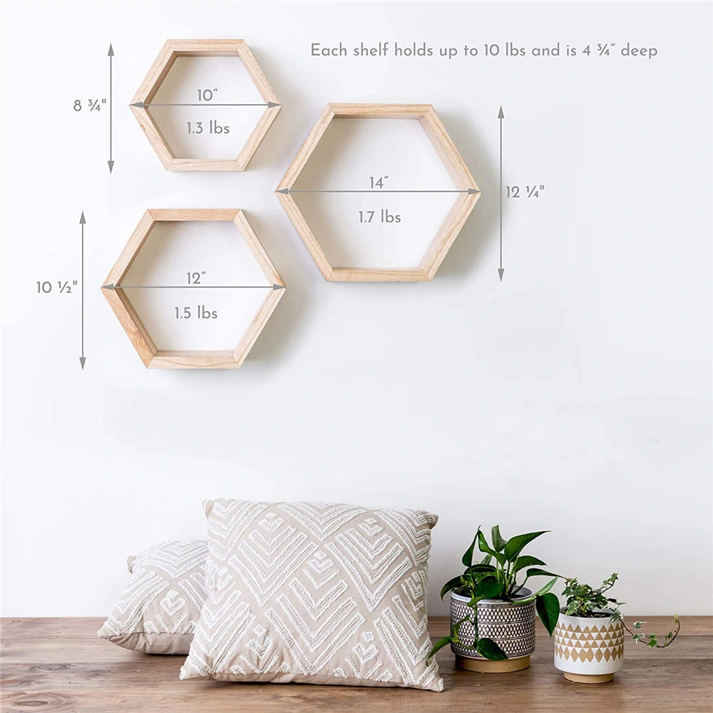 Excellent Quality 3 PCS Set MDF Painting Floating Hexagon Wood Home Wall Shelf Hexagon Disarmable Shelf